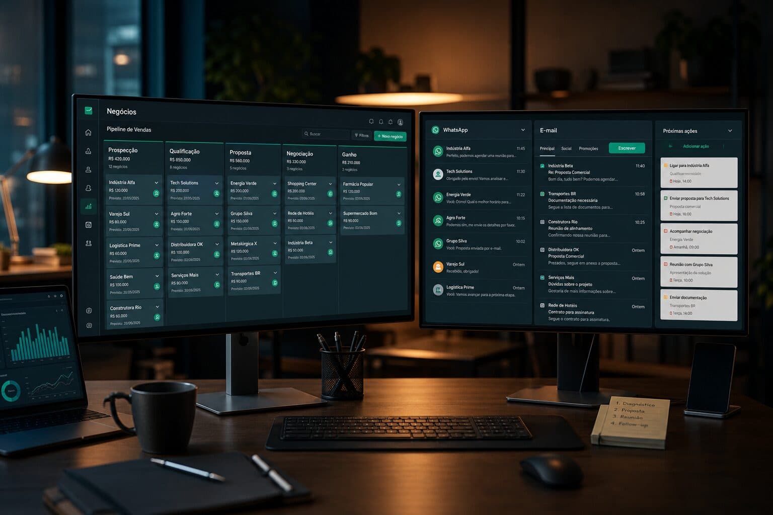 Motor IA aberto em dois monitores: funil de negócios, WhatsApp e e-mails do dia
